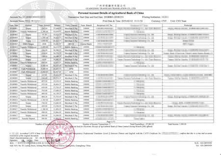 農業銀行流水對賬單翻譯認證模板圖片 農業銀行流水對賬單翻譯認證模板圖片